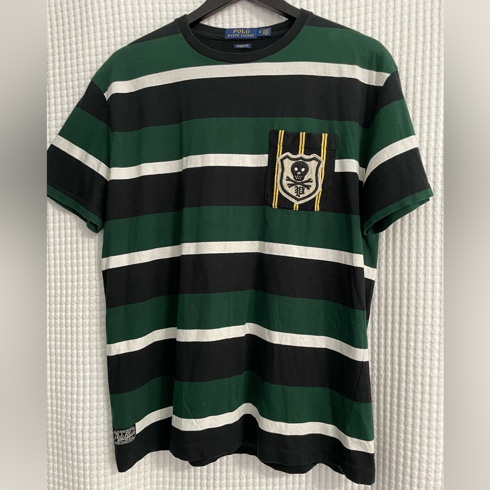 Men’s Polo by Ralph Lauren Striped Green and Black Tee. Size M.